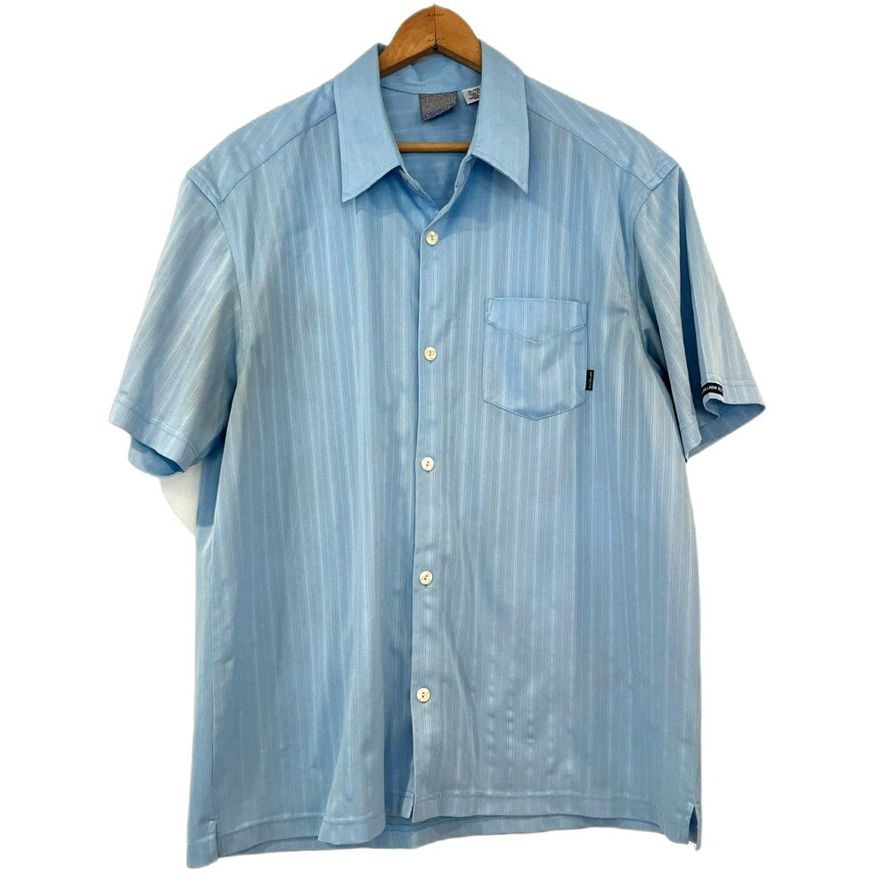 Quiksilver Men's Shirt Light Blue One Pocket Short Sleeves Skater Surf Stripe XL